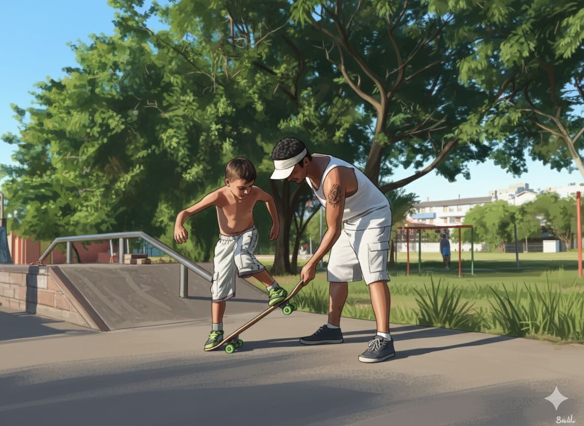 Aula de skate na pista: aluno na manobra e o instrutor acompanhando