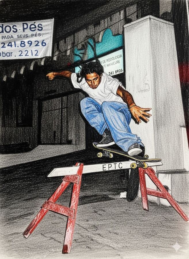 Sketch: skate sobre os cavaletes, em preto e branco